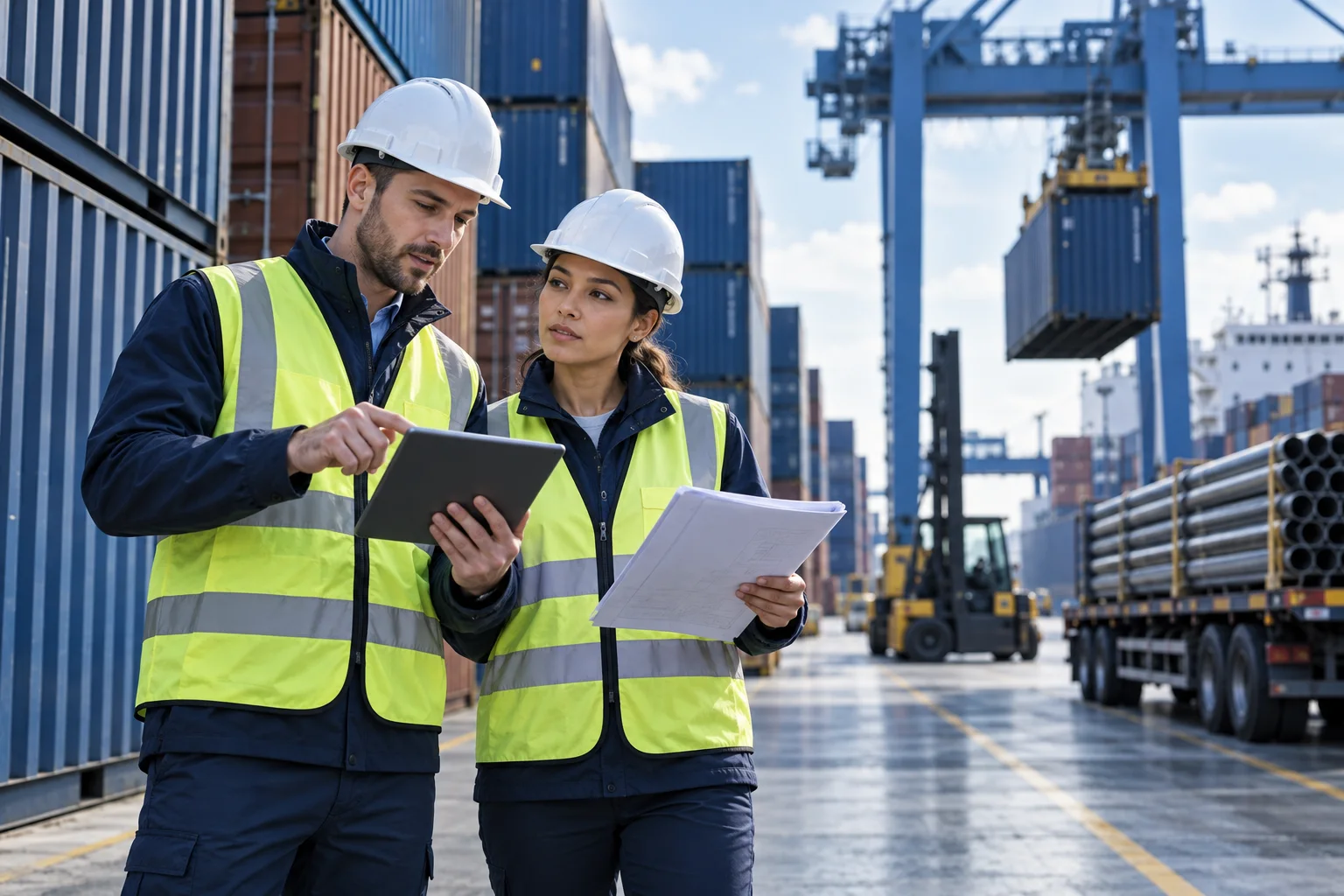 Two logistics professionals reviewing a supply plan at a container terminal.