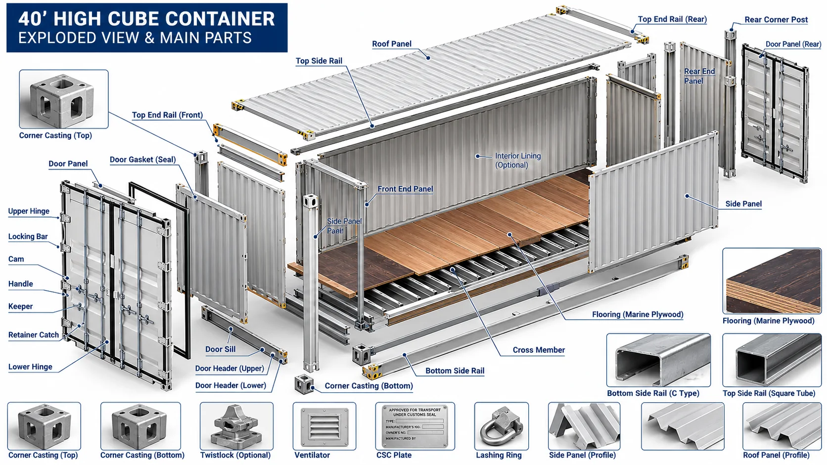 Exploded view of a 40-foot high cube container and its main parts