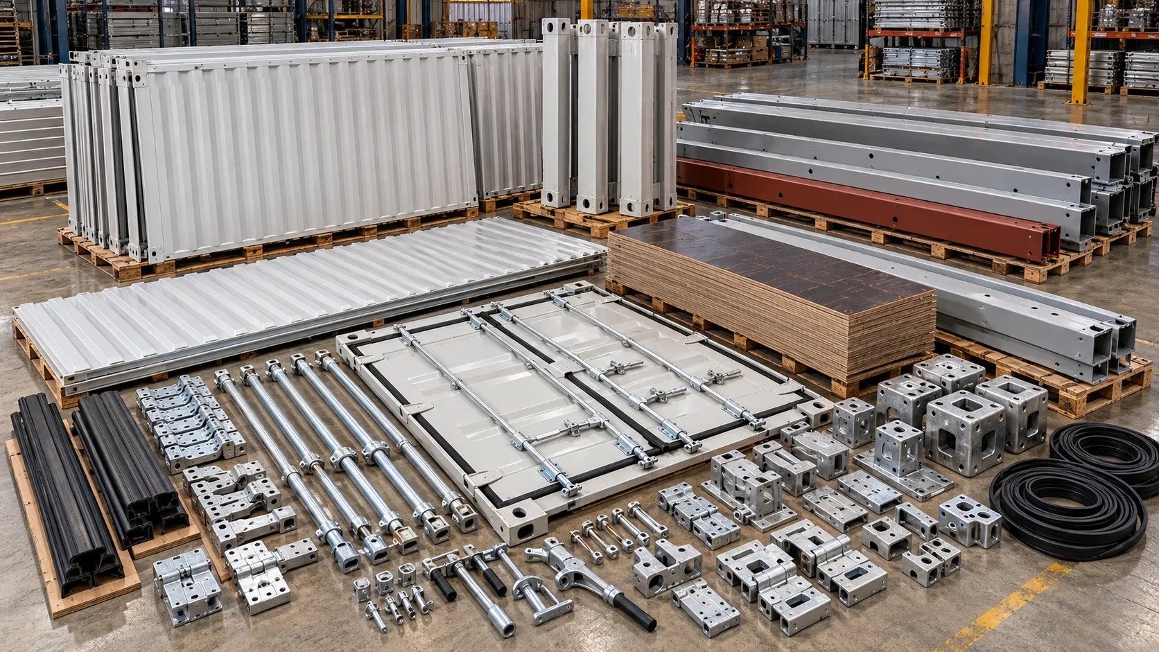 Container doors, panels, flooring and structural parts