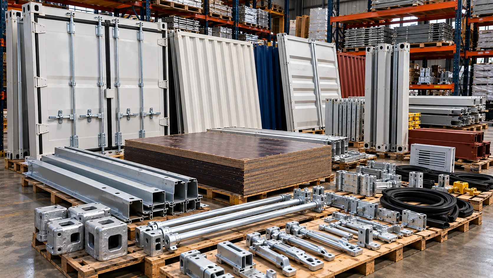 Container doors, panels, rails, flooring and replacement components