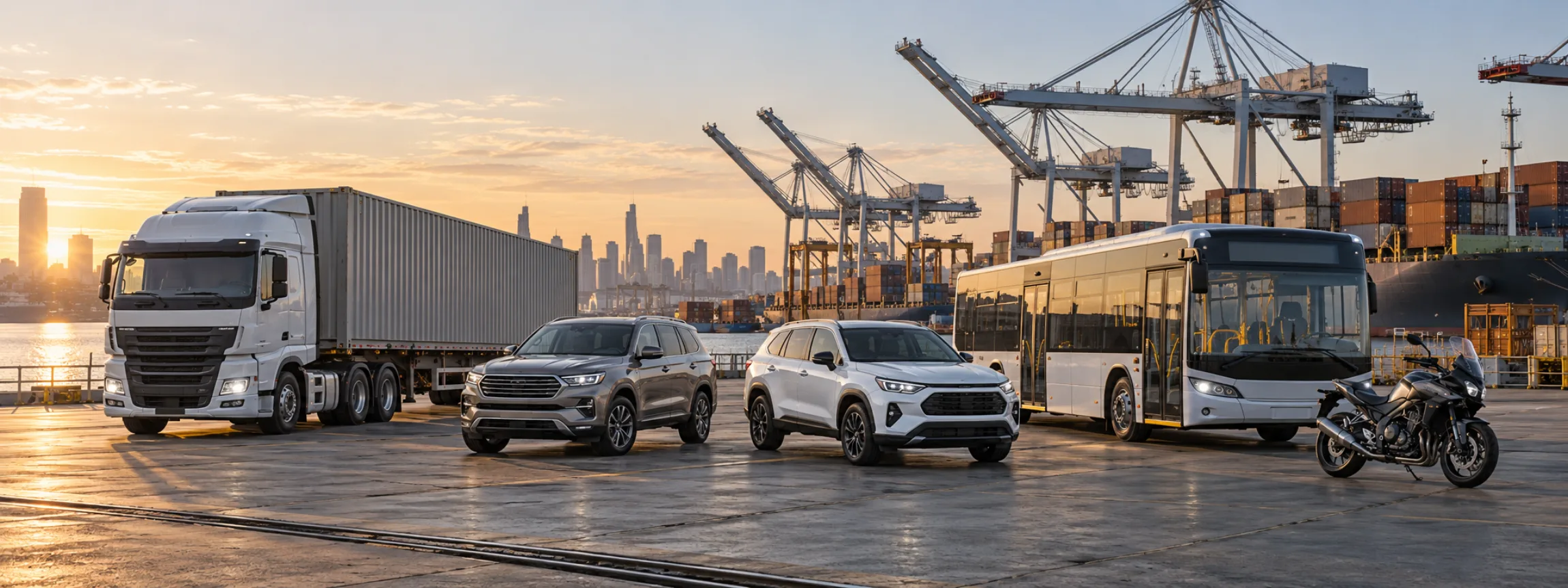 Trucks, passenger vehicles, a city bus and motorcycles at an intermodal port.