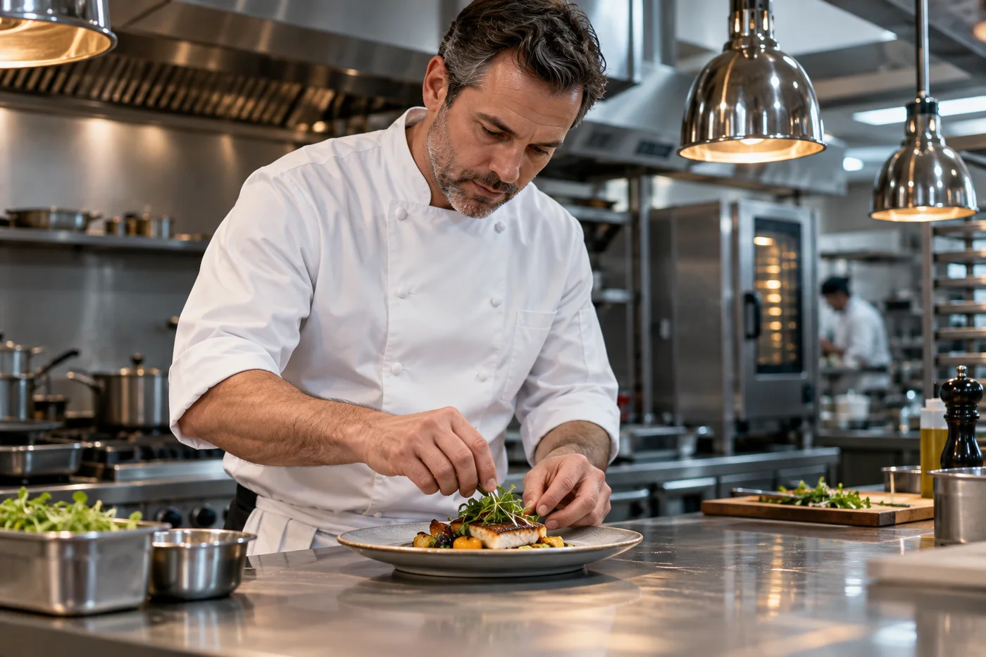 Professional chef preparing food in a restaurant kitchen.