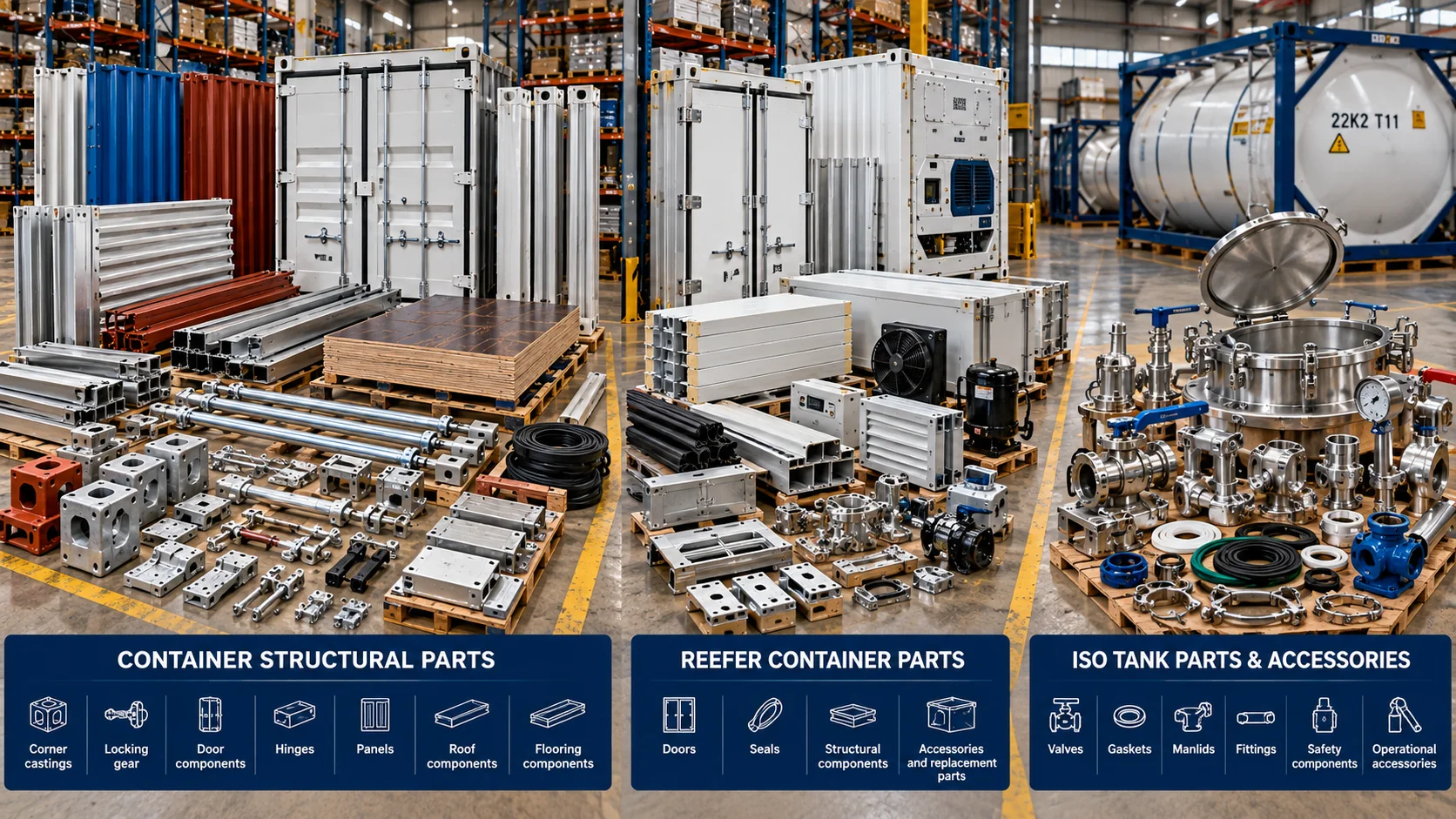 Container, refrigeration and ISO tank parts for industrial sourcing and procurement.