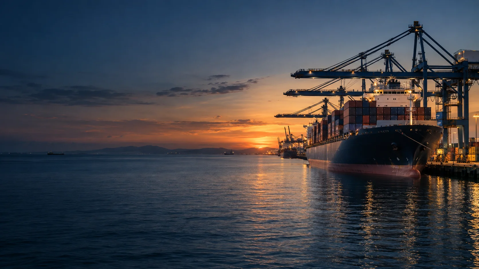 Container ship and port cranes at sunset, illustrating international sourcing and logistics.