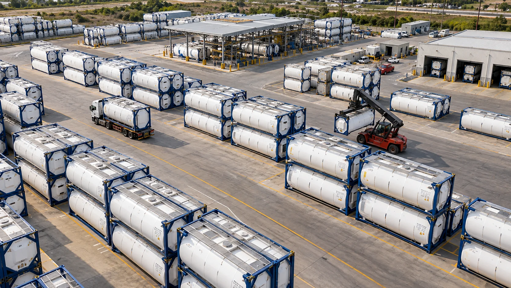 ISO tank containers and freight equipment at a logistics terminal.